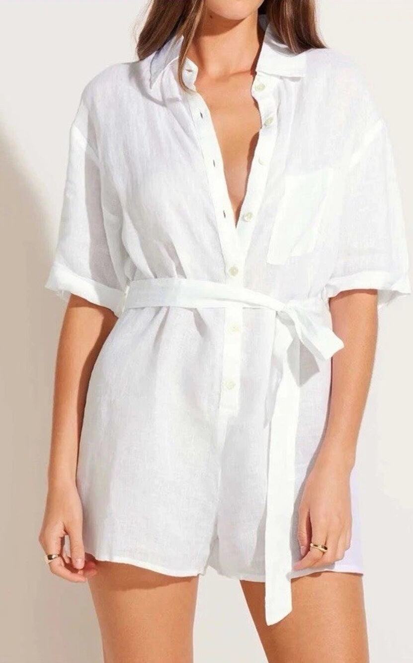 Vitamin A Women's White Linen Button Placket Self-Tie Playa Romper Size S $170